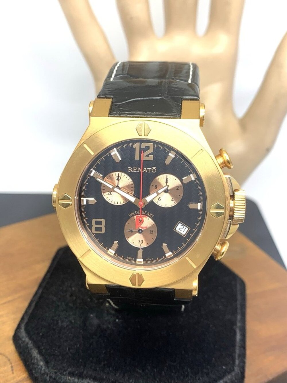 Renato Men's Watch Swiss Quartz Chronograph Rose Gold Steel Black Leather 45mm